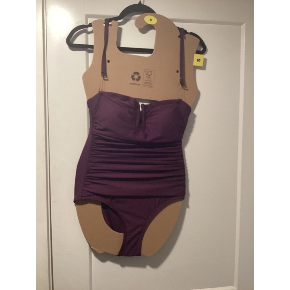 DKNY‎ Womens Ruched One Piece Swimsuit Purple Slimming Sweetheart Neck Size S